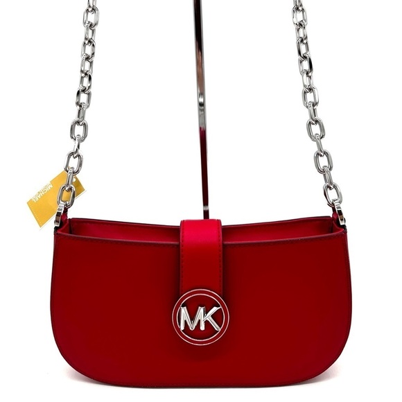 Michael Kors Carmen Small Pouchette Crossbody Bag Red/Silver - Picture 3 of 11